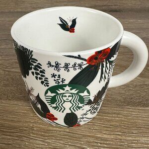 Starbucks Holiday Ceramic Mug 12 Oz White & Green With Red Festive‎ Floral Print